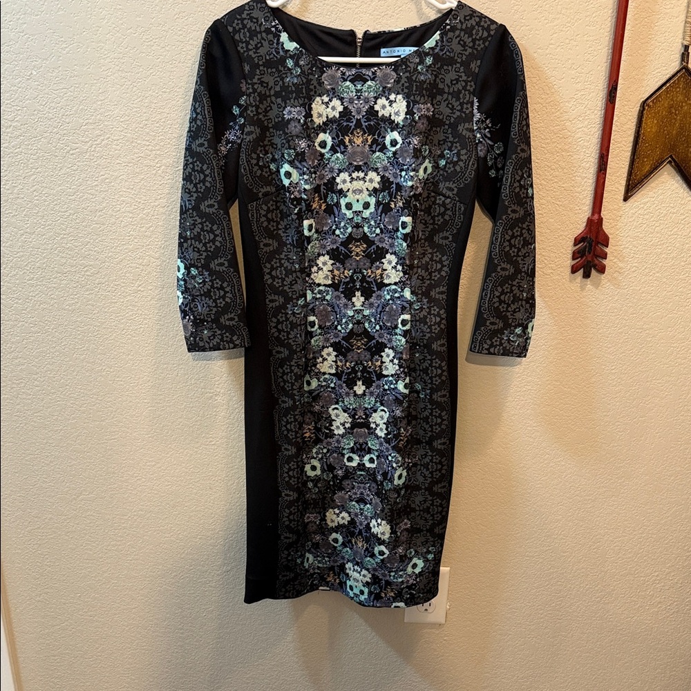 ANTONIO MELANI Black Dress with Blue Floral Pattern